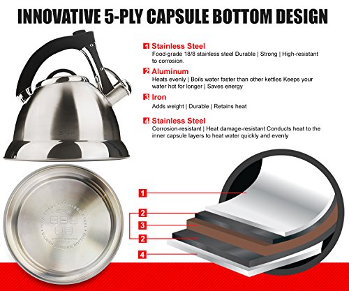 Whistling Tea Kettle with iCool - Handle, Surgical Stainless Steel Teapot for ALL Stovetops, 2 FREE Infusers Included, 3 Quart by Pykal - JOY2ESpree