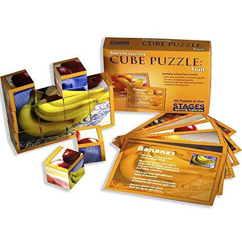 Stages Learning Real Picture Fruits Wooden Cube Language Builder Preschool Puzzle (12 Piece), Orange - JOY2ESpree