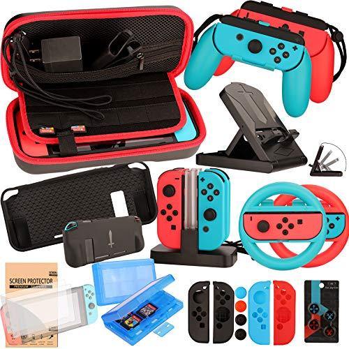 EOVOLA Accessories Kit for Nintendo Switch Games Bundle Wheel Grip Caps Carrying Case Screen Protector Controller - JOY2ESpree