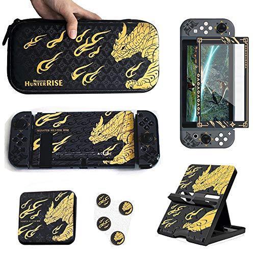 AIORVP Case For Nintendo Switch with Monster Hunter Rise,Carry Bag & Protective Case,Joystick Cap & Tempered Film,Switch Playstand & Card Case - JOY2ESpree
