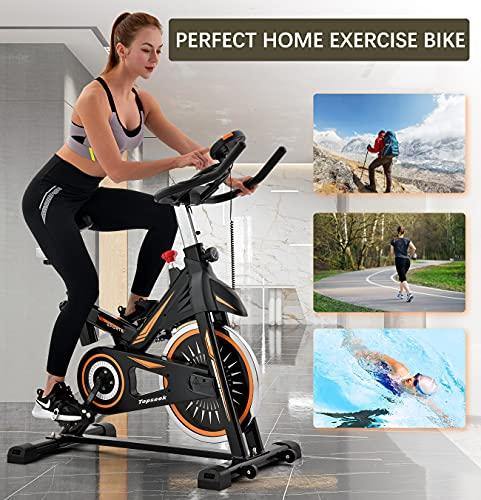Topseek Indoor Cycling Bike - Exercise Bike for Home Gym Stationary Bikes with Comfortable Seat Cushion, Silent Belt Drive, iPad Holder and Hand Pulse - JOY2ESpree