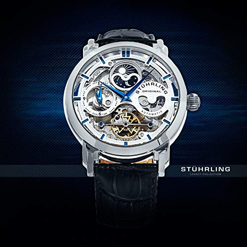 Stührling Original Mens Watch Stainless Steel Automatic, Skeleton Dial, Dual Time, AM/PM Sun Moon,Genuine Leather Strap 371 Watches for Men Series