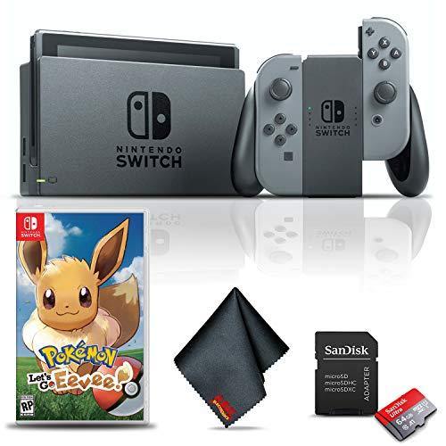 Nintendo Switch (Gray) Gaming Console Bundle with Pokemon: Let's Go Eevee Game, 64GB Memory Card, and Cleaning Cloth - JOY2ESpree