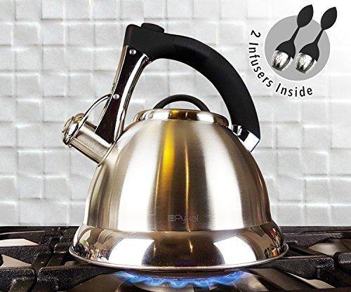 Whistling Tea Kettle with iCool - Handle, Surgical Stainless Steel Teapot for ALL Stovetops, 2 FREE Infusers Included, 3 Quart by Pykal - JOY2ESpree