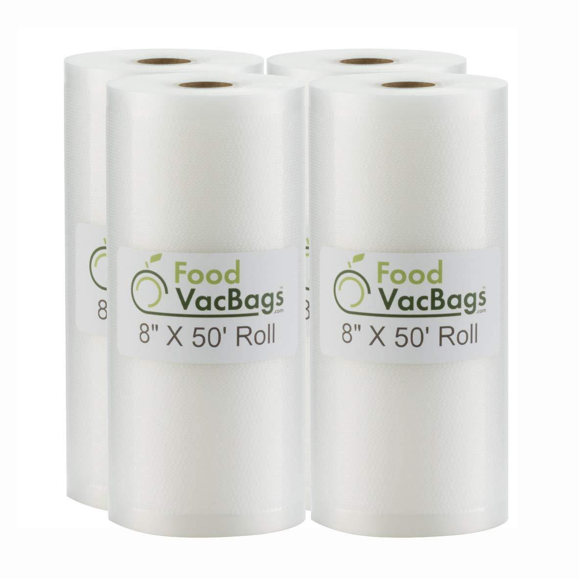 Four FoodVacBags 8" X 50' Commercial Vacuum Sealer Rolls Food Storage Bags compatible with Foodsaver and Sous Vide cooking (200 feet) - JOY2ESpree