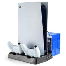 
                        
                          Load image into Gallery viewer, Cooling Vertical Stand for PS5 Console With Dual Controller Charger, Compatible with PlayStation 5 Console &amp; Digital Edition, - JOY2ESpree
                        
                      
