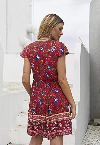 KIRUNDO Women’s  Summer Hot Short Sleeve V-Neck High Waist Floral Print Mini Sun Dress