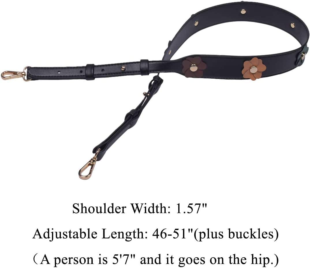 Beaulegan Wide Studded Flower Leather Purse Strap Replacement - Adjustable for Shoulder Crossbody Bag (Black/Gold Clasp)