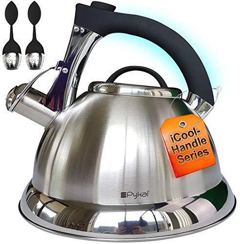 Whistling Tea Kettle with iCool - Handle, Surgical Stainless Steel Teapot for ALL Stovetops, 2 FREE Infusers Included, 3 Quart by Pykal - JOY2ESpree