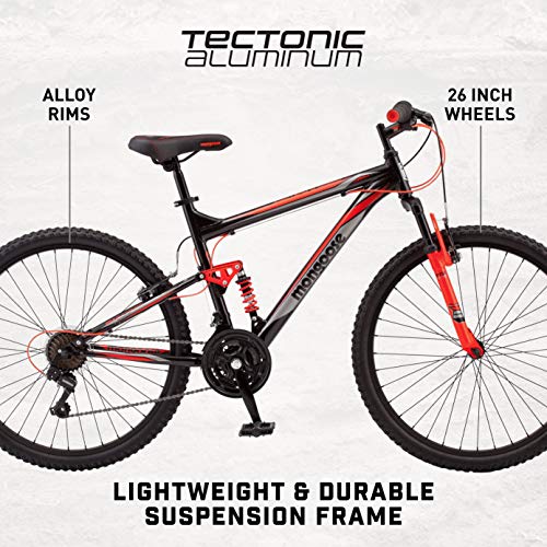 Mongoose Status 2.2 Mens and Womens Mountain Bike, 26-Inch Wheels, 21-Speed Shifters, Aluminum Frame, Front Suspension,a Black/Red