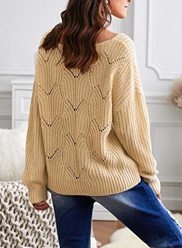 Dokotoo Womens Cute Soft Crewneck Long Sleeve Hollow Cable Knit Pullover Sweaters