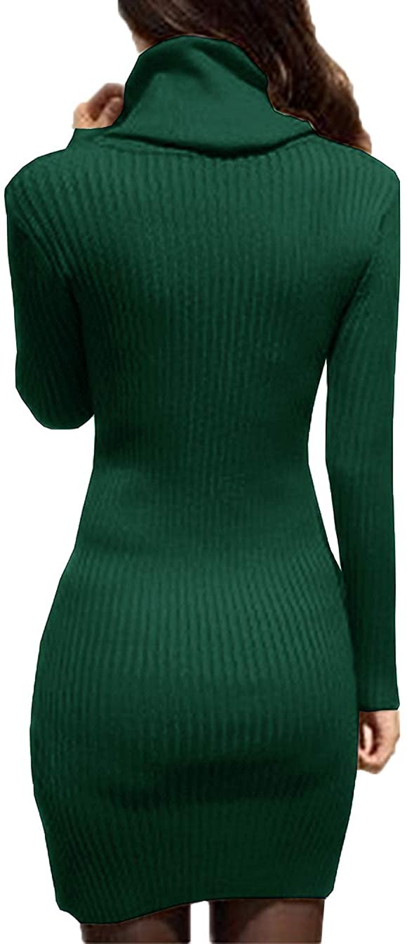 v28 Women Cowl Neck Knit Stretchable Elasticity Long Sleeve Slim Fit Sweater Dress