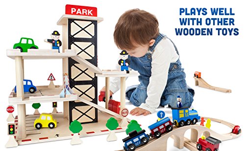 Imagination Generation Downtown Deluxe Wooden Parking Garage Ramp & Service Station Playset with Elevator