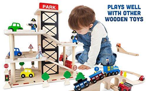 Imagination Generation Downtown Deluxe Wooden Parking Garage Ramp & Service Station Playset with Elevator