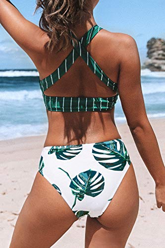 CUPSHE Women's Teal Stripe Leaves Print Criss Cross Bikini Sets