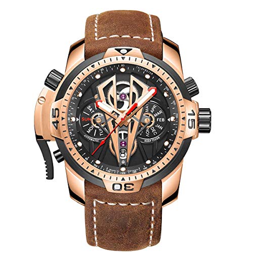 Reef Tiger Mens Sport Mechanical Watches with Steel Black Dial Automatic Watch Calfskin Leather Strap RGA3591
