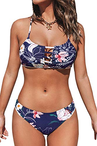 CUPSHE Women's Low Rise Navy Floral Cutout Criss Cross Bikini Swimsuit Sets