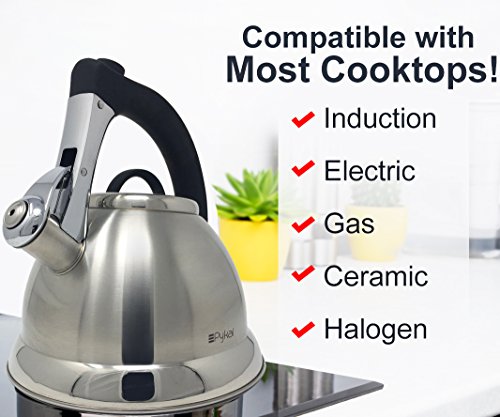 Whistling Tea Kettle with iCool - Handle, Surgical Stainless Steel Teapot for ALL Stovetops, 2 FREE Infusers Included, 3 Quart by Pykal - JOY2ESpree