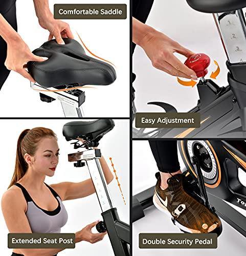 Topseek Indoor Cycling Bike - Exercise Bike for Home Gym Stationary Bikes with Comfortable Seat Cushion, Silent Belt Drive, iPad Holder and Hand Pulse - JOY2ESpree