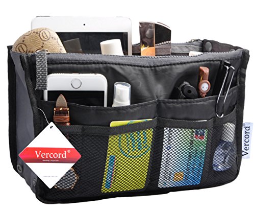 Vercord Purse Organizer Insert for Handbags Bag Organizers Inside Tote Pocketbook Women Nurse Nylon 13 Pockets Black Medium