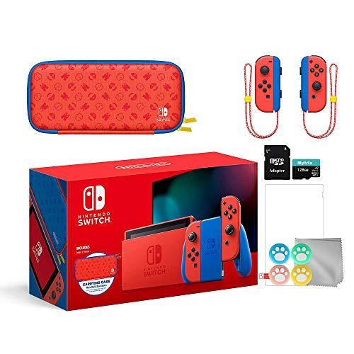Nintendo 2021 Switch Mario Red & Blue Limited Edition with Mario Iconography Carrying Case and Screen Protector Bundle with Mytrix Accessories - JOY2ESpree