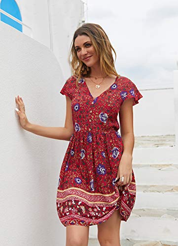 KIRUNDO Women’s  Summer Hot Short Sleeve V-Neck High Waist Floral Print Mini Sun Dress