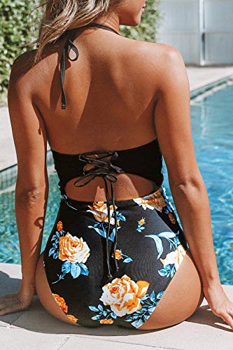 CUPSHE Women's Black Floral Print Halter Cutout High Waist One Piece Swimsuit