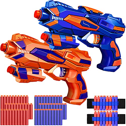 2 Pack Blaster Guns Toy 60 Bullets for Nerf & 2 Wristbands, Guns Toys for Kids Age 4-8 Birthday Gift for 5-7 Year Old Boys Girls Ideas Gifts for Boys Kids Age 6-10 Outdoor Games Toys for 9 yr Old Boy