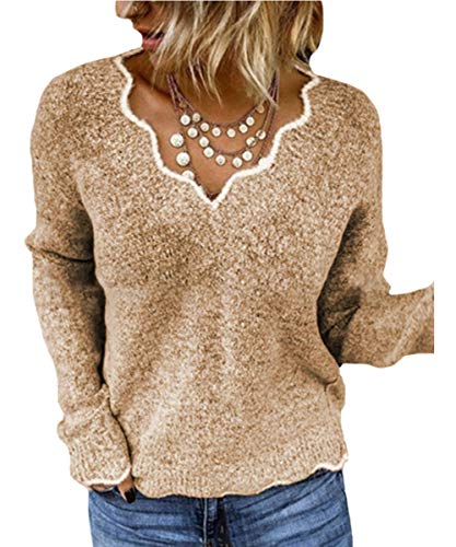 Rungion Womens Long Sleeve V Neck Pullover Sweaters Cute Knitted Winter Oversized Blouse Tops
