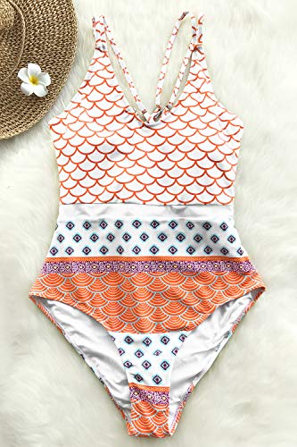 CUPSHE Women's One Piece Swimsuit Scoop Neck Double Straps Geo-Print Swimwear Bathing Suits