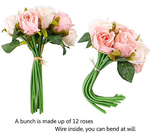 CEWOR 24 Heads Artificial Rose Flowers Bouquet Silk Flowers Rose for Home Bridal Wedding Party Festival Decor (2 Packs Champagne and Pink)
