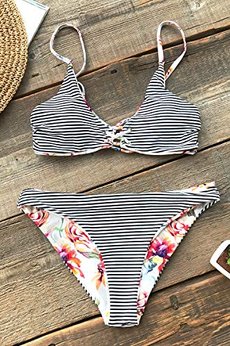 CUPSHE Women's Reversible Lace Up Bikini Sets Floral and Striped