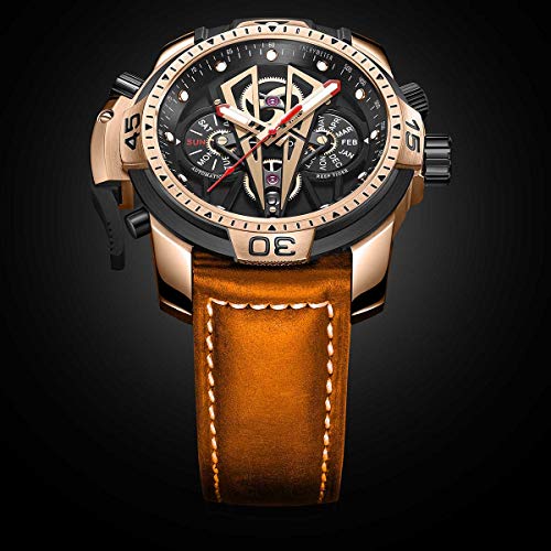 Reef Tiger Mens Sport Mechanical Watches with Steel Black Dial Automatic Watch Calfskin Leather Strap RGA3591