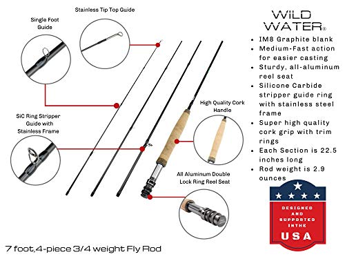 Wild Water Fly Fishing 7 Foot, 4-Piece, 3/4 Weight Fly Rod Deluxe Complete Fly Fishing Rod and Reel Combo Starter Package