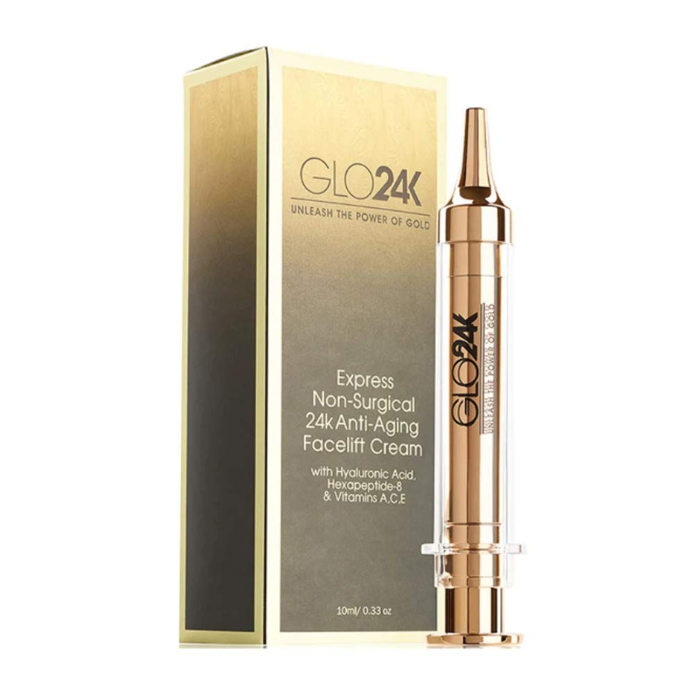GLO24K Instant Facelift Cream with 24k Gold, Hyaluronic Acid, Peptides, and Vitamins, A,C,E. A powerful non-invasive alternative to injections.
