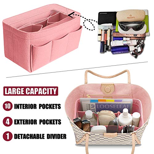 Purse Organizer Insert Felt Bag Organizer Handbag Organizer Insert for Tote fits LV Speedy Neverfull Longchamp, Grey, Medium (Medium, Pink)