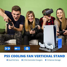
                        
                          Load image into Gallery viewer, Cooling Vertical Stand for PS5 Console With Dual Controller Charger, Compatible with PlayStation 5 Console &amp; Digital Edition, - JOY2ESpree
                        
                      