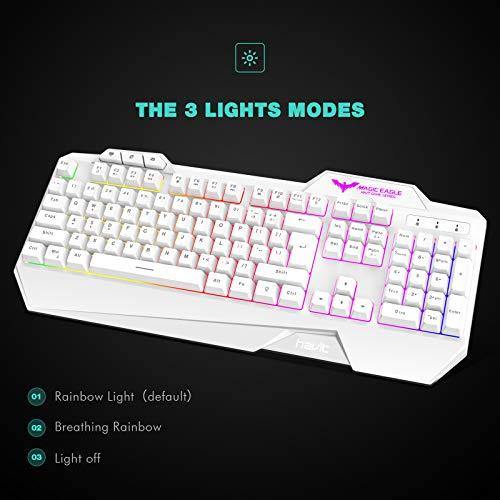 havit Keyboard Rainbow Backlit Wired Gaming Keyboard Mouse Combo, LED 104 Keys USB Ergonomic Wrist Rest Keyboard, 4800 DPI Mouse for PC Gamer (White) - JOY2ESpree