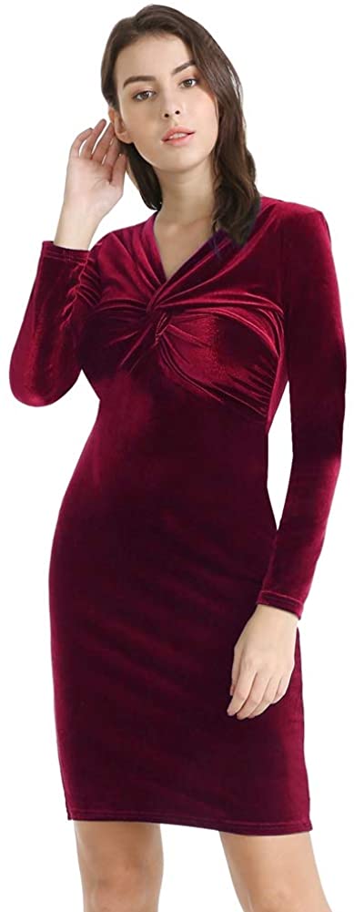 YHINTLFS Women Velvet Party Dress Long Sleeve V-Neck Wrap Mini Dress