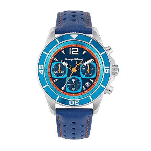 Tommy Bahama Men's Stainless Steel Japanese Quartz Leather Calfskin Strap, Blue, 20 Casual Watch (Model: 304361SLV040)