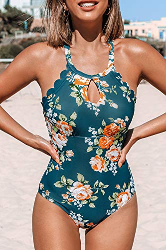 CUPSHE Women's One Piece Swimsuit Floral Print High Neck Scallop Bathing Suit