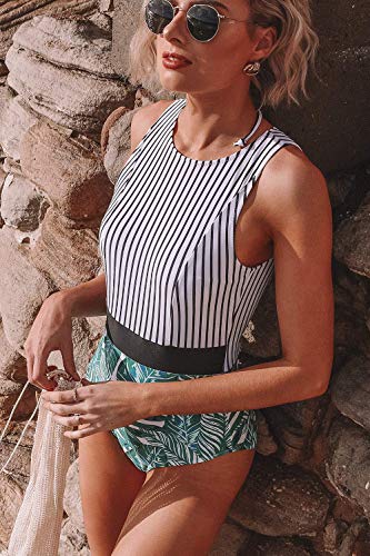 CUPSHE Women's Striped Leafy One Piece Swimsuit
