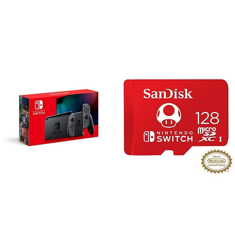 Nintendo Switch with Gray Joy‑Con - HAC-001(-01) + SanDisk 128GB MicroSDXC UHS-I Card - JOY2ESpree