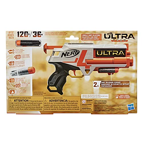NERF Ultra Four Dart Blaster -- 4 Ultra Darts, Single-Shot Blasting, 2-Dart Storage -- Compatible Only Ultra Darts