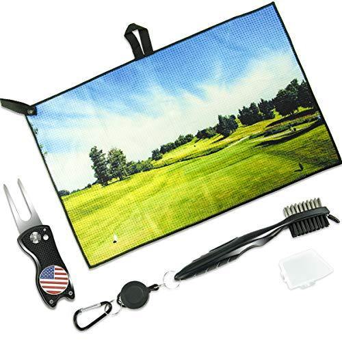 Perfshot Microfiber Waffle-Weave Golf Towel with Golf Club Brush Groove Cleaner and Foldable Divot Repair Tool with Magnetic Ball Marker Set 16" 24" - JOY2ESpree