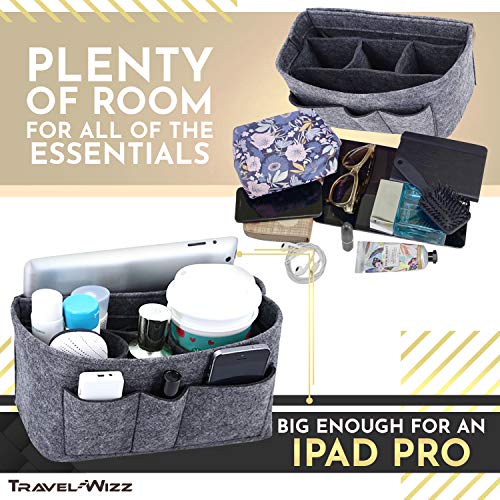Handbag Organizer - 2in1 Purse Organizer Insert with Inner Zipped Pocket - Tote Shaper fits Speedy Neverfull - Grey Medium
