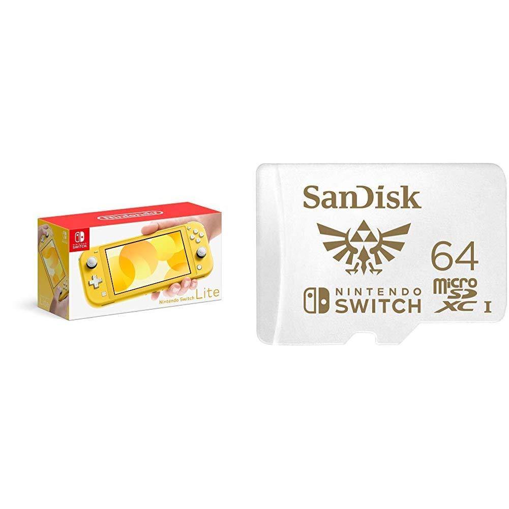 Nintendo Switch Lite - Yellow with SanDisk 64GB MicroSDXC UHS-I Card for Nintendo Switch - JOY2ESpree