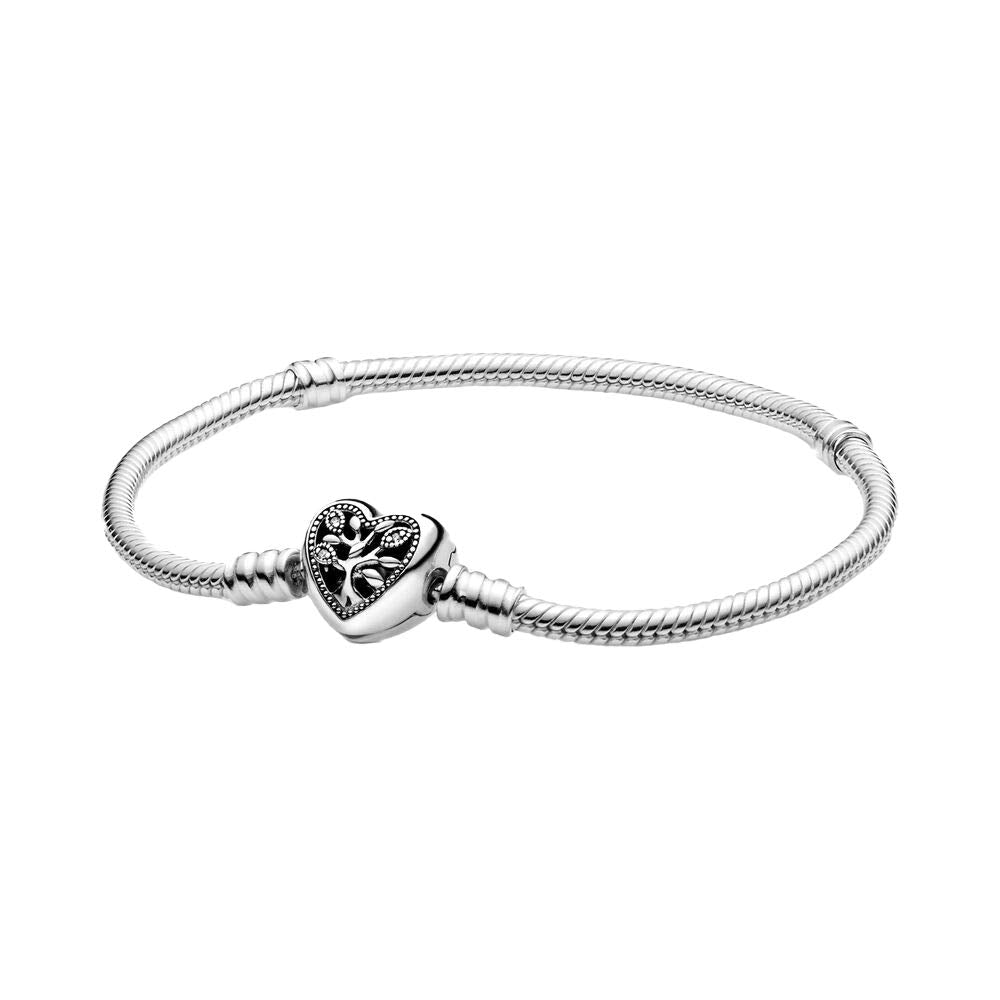 PANDORA Pandora Moments Family Tree Heart Clasp Snake Chain Bracelet, Clear CZ 925 Sterling Silver Charm Bracelet - JOY2ESpree