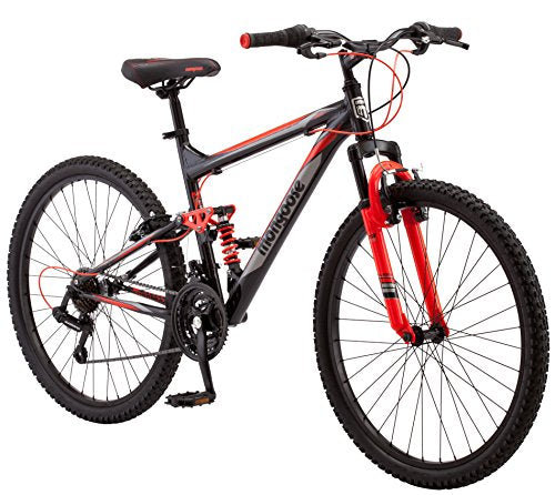 Mongoose Status 2.2 Mens and Womens Mountain Bike, 26-Inch Wheels, 21-Speed Shifters, Aluminum Frame, Front Suspension,a Black/Red