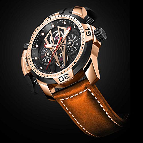 Reef Tiger Mens Sport Mechanical Watches with Steel Black Dial Automatic Watch Calfskin Leather Strap RGA3591